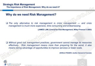 MakeITWork.Consulting ME
Business Management © 2015 MakeItWork This document its confidential and could not be reproduced or distributed without prior written authorization of MakeItWork Consulting ME
13
Strategic Risk Management
The Importance of Risk Management. Why do we need it?
Why do we need Risk Management?
 The only alternative to risk management is crisis management --- and crisis
management is much more expensive, time consuming and embarrassing.
(JAMES LAM, Enterprise Risk Management, Wiley Finance © 2003)
 Without good risk management practices, government cannot manage its resources
effectively. Risk management means more than preparing for the worst; it also
means taking advantage of opportunities to improve services or lower costs.
(SHEILA FRASER, Auditor General of Canada)
 