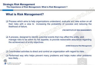 MakeITWork.Consulting ME
Business Management © 2015 MakeItWork This document its confidential and could not be reproduced or distributed without prior written authorization of MakeItWork Consulting ME
14
Strategic Risk Management
The Importance of Risk Management. What is Risk Management ?
What is Risk Management?
 Process which aims to help organizations understand, evaluate and take action on all
their risks with a view to increasing the probability of success and reducing the
likelihood of failure.
(THE INSTITUTE OF RISK MANAGEMENT)
 A process, designed to identify potential events that may affect the entity, and
manage risks to be within its risk appetite, to provide reasonable assurance regarding
the achievement of entity objectives
(COSO Enterprise Risk Management)
 Coordinated activities to direct and control an organization with regard to risks…
 Performed way who helps prevent many problems and helps make other problems
less likely…
 