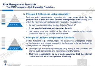 MakeITWork.Consulting ME
Business Management © 2015 MakeItWork This document its confidential and could not be reproduced or distributed without prior written authorization of MakeItWork Consulting ME
41
Risk Management Standards
The ERM Framework… Risk Ownership Principles…
 Principle # 8: Business unit responsibility
Business units (departments, agencies, etc.) are responsible for the
performance of their business and the management of risks they take
within the risk framework established by executive management
 So everyone is responsible for risk. But who “owns” it?
 If you own the business unit, you own the risk.
 risk owners must also abide by the rules and operate under certain
constraints they do not choose the framework
 Principle #9: Support and pervasive functions
Certain functions (e.g., ﬁnance, legal, HR, etc.) have a widespread impact
on the business and provide support to the business units as it relates to
the organization's risk program
 certain groups within the organizations carry a unique role —namely, the
internal audit, compliance, and risk management functions.
 Their key responsibility is to provide assurance that the internal
control and risk structure operates effectively
Identify Risks
Assess &
Evaluate Risks
Integrate Risks Record to Risks
Design, Implement & Test
Controls
Monitor, Assure
& Escalate
Risk Process
Risk Types
Governance Strategy & Planning Operational / Infrastructure Compliance Reporting
Business Units
and
Supporting functions
Ris
k
Ow
ner
shi
p
Business Unit Responsibility
Support of pervasive functions
Common Risk Infrastructure
Executive Management Responsibility
Objective Assurance and Monitoring
Common Risk Infrastructure
Executive Management
Risk
Infrastructure
&
Management
People Process Technology
Roles and Responsibilities
Transparency for Governing Bodies
Common Definition of Risk
Common Risk Framework
Oversight
Board of Directors
Risk
Governance
Tone at the Top
Identify Risks
Assess &
Evaluate Risks
Integrate Risks Record to Risks
Design, Implement & Test
Controls
Monitor, Assure
& Escalate
Risk Process
Risk Types
Governance Strategy & Planning Operational / Infrastructure Compliance Reporting
Business Units
and
Supporting functions
Ris
k
Ow
ner
shi
p
Business Unit Responsibility
Support of pervasive functions
Common Risk Infrastructure
Executive Management Responsibility
Objective Assurance and Monitoring
Common Risk Infrastructure
Executive Management
Risk
Infrastructure
&
Management
People Process Technology
Roles and Responsibilities
Transparency for Governing Bodies
Common Definition of Risk
Common Risk Framework
Oversight
Board of Directors
Risk
Governance
Tone at the Top
 