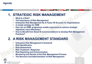 MakeITWork.Consulting ME
Business Management © 2015 MakeItWork This document its confidential and could not be reproduced or distributed without prior written authorization of MakeItWork Consulting ME
4
1. STRATEGIC RISK MANAGEMENT
• What Is a Risk?
• The Importance of Risk Management
• Enterprise Risk Management As A Factor Of Success for Organizations
• A simple strategy for ERM
• How can an ERM, programme enable organizations achieve strategic
objectives more effectively?
• How to Benefit from Basel III recommendations to develop Risk Management
Practices?
2. A RISK MANAGEMENT STANDARD
• Enterprise Risk Management Framework
• Risk Identification
• Risk Assessment
• Risk Treatment / Response
• Risk Reporting and Communication
• Monitoring and Review of the Risk Management Process
• The Structure and Administration of Risk Management
Agenda
 