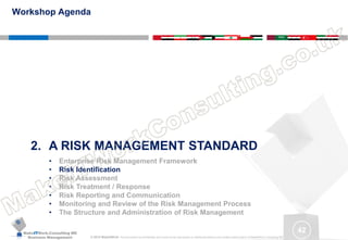 MakeITWork.Consulting ME
Business Management © 2015 MakeItWork This document its confidential and could not be reproduced or distributed without prior written authorization of MakeItWork Consulting ME
42
2. A RISK MANAGEMENT STANDARD
• Enterprise Risk Management Framework
• Risk Identification
• Risk Assessment
• Risk Treatment / Response
• Risk Reporting and Communication
• Monitoring and Review of the Risk Management Process
• The Structure and Administration of Risk Management
Workshop Agenda
 