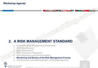 MakeITWork.Consulting ME
Business Management © 2015 MakeItWork This document its confidential and could not be reproduced or distributed without prior written authorization of MakeItWork Consulting ME
75
2. A RISK MANAGEMENT STANDARD
• Enterprise Risk Management Framework
• Risk Identification
• Risk Assessment
• Risk Treatment / Response
• Risk Reporting and Communication
• Monitoring and Review of the Risk Management Process
• The Structure and Administration of Risk Management
Workshop Agenda
 