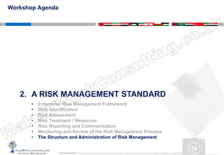MakeITWork.Consulting ME
Business Management © 2015 MakeItWork This document its confidential and could not be reproduced or distributed without prior written authorization of MakeItWork Consulting ME
78
2. A RISK MANAGEMENT STANDARD
• Enterprise Risk Management Framework
• Risk identification
• Risk Assessment
• Risk Treatment / Response
• Risk Reporting and Communication
• Monitoring and Review of the Risk Management Process
• The Structure and Administration of Risk Management
Workshop Agenda
 