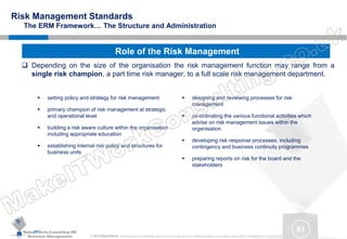 MakeITWork.Consulting ME
Business Management © 2015 MakeItWork This document its confidential and could not be reproduced or distributed without prior written authorization of MakeItWork Consulting ME
81
Risk Management Standards
The ERM Framework… The Structure and Administration
 Depending on the size of the organisation the risk management function may range from a
single risk champion, a part time risk manager, to a full scale risk management department.
 setting policy and strategy for risk management
 primary champion of risk management at strategic
and operational level
 building a risk aware culture within the organisation
including appropriate education
 establishing internal risk policy and structures for
business units
 designing and reviewing processes for risk
management
 co-ordinating the various functional activities which
advise on risk management issues within the
organisation
 developing risk response processes, including
contingency and business continuity programmes
 preparing reports on risk for the board and the
stakeholders
Role of the Risk Management
 