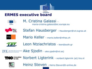 ERMES executive board
M. Cristina Galassi

maria-cristina.galassi@ec.europa.eu

Stefan Hausberger
Mario Keller

- mario.keller@infras.ch

Leon Ntziachristos
Ake Sjodin

- Hausberger@ivt.tugraz.at

- leon@auth.gr

- ake.sjodin@ivl.se)

Norbert Ligterink

Heinz Steven

- norbert.ligterink (at) tno.nl

- Heinz.Steven@t-online.de

 