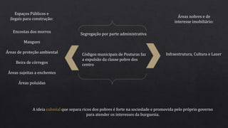 Encostas dos morros
Mangues
Áreas de proteção ambiental
Beira de córregos
Áreas sujeitas a enchentes
Áreas poluídas
Segregação por parte administrativa
Códigos municipais de Posturas faz
a expulsão da classe pobre dos
centro
Infraestrutura, Cultura e Lazer
Áreas nobres e de
interesse imobiliário:
A ideia colonial que separa ricos dos pobres é forte na sociedade e promovida pelo próprio governo
para atender os interesses da burguesia.
Espaços Públicos e
ilegais para construção:
 