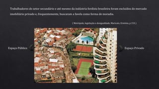 Trabalhadores do setor secundário e até mesmo da indústria fordista brasileira foram excluídos do mercado
imobiliário privado e, frequentemente, buscaram a favela como forma de moradia.
( Metrópole, legislação e desigualdade, Maricato, Ermínia, p 153.)
Espaço Público Espaço Privado
 