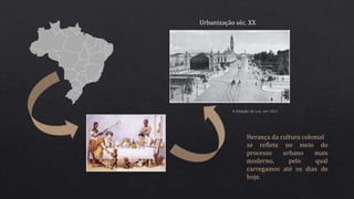 A Estação da Luz, em 1911
Urbanização séc. XX
Herança da cultura colonial
se reflete no meio do
processo urbano mais
moderno, pelo qual
carregamos até os dias de
hoje.
 