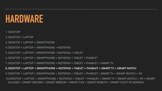 HARDWARE
1. DESKTOP
2. DESKTOP + LAPTOP
3. DESKTOP + LAPTOP + SMARTPHONE
4. DESKTOP + LAPTOP + SMARTPHONE + NOTEPAD
5. DESKTOP + LAPTOP + SMARTPHONE + NOTEPAD + TABLET
6. DESKTOP + LAPTOP + SMARTPHONE + NOTEPAD + TABLET + PHABLET
7. DESKTOP + LAPTOP + SMARTPHONE + NOTEPAD + TABLET + PHABLET + SMART TV
8.DESKTOP + LAPTOP + SMARTPHONE + NOTEPAD + TABLET + PHABLET + SMART TV + SMART WATCH
9. DESKTOP + LAPTOP + SMARTPHONE + NOTEPAD + TABLET + PHABLET + SMART TV + SMART WATCH + VR
10.DESKTOP + LAPTOP + SMARTPHONE + NOTEPAD + TABLET + PHABLET + SMART TV + SMART WATCH + VR + SMART
GLASSES + SMART DRONES + SMART MIRROR + SMART CAR + SMART ROBOTS + SMART STUFF IN GENERAL
 