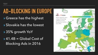 TEXT
AD-BLOCKING IN EUROPE
▸ Greece has the highest
▸ Slovakia has the lowest
▸ 35% growth YoY
▸ 41.4B = Global Cost of
Blocking Ads in 2016
 
