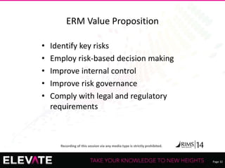 Page 32
Recording of this session via any media type is strictly prohibited.
ERM Value Proposition
• Identify key risks
• Employ risk-based decision making
• Improve internal control
• Improve risk governance
• Comply with legal and regulatory
requirements
 