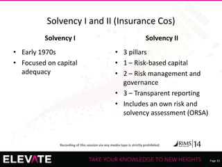 Page 33
Recording of this session via any media type is strictly prohibited.
Solvency I and II (Insurance Cos)
Solvency I
• Early 1970s
• Focused on capital
adequacy
Solvency II
• 3 pillars
• 1 – Risk-based capital
• 2 – Risk management and
governance
• 3 – Transparent reporting
• Includes an own risk and
solvency assessment (ORSA)
 