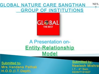 GLOBAL NATURE CARE SANGTHAN
GROUP OF INSTITUTIONS
A Presentation on-
Entity-Relationship
Model
Submitted to-
Mrs.Vandana Pathak
H.O.D.(I.T.Deptt)
Submitted by-
Neelesh Mishra
I.T.- 4th
Sem.
0225IT131027
NE!L
7
 