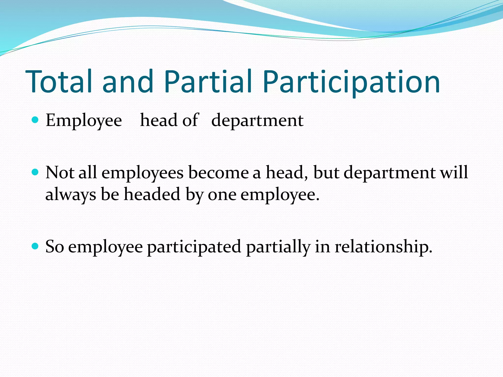 Total and Partial Participation
 Employee head of department
 Not all employees become a head, but department will
always be headed by one employee.
 So employee participated partially in relationship.
 