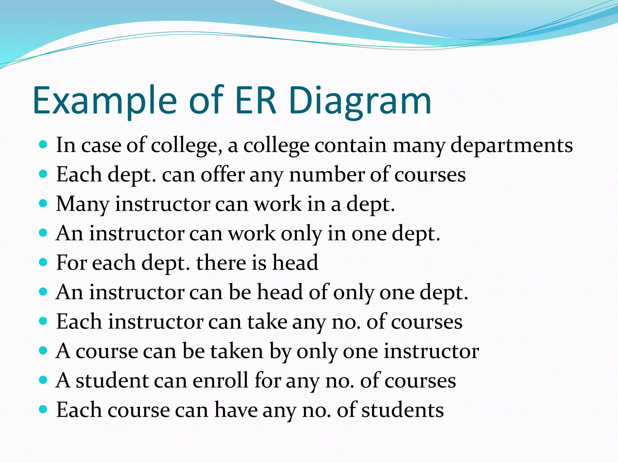 Example of ER Diagram
 In case of college, a college contain many departments
 Each dept. can offer any number of courses
 Many instructor can work in a dept.
 An instructor can work only in one dept.
 For each dept. there is head
 An instructor can be head of only one dept.
 Each instructor can take any no. of courses
 A course can be taken by only one instructor
 A student can enroll for any no. of courses
 Each course can have any no. of students
 