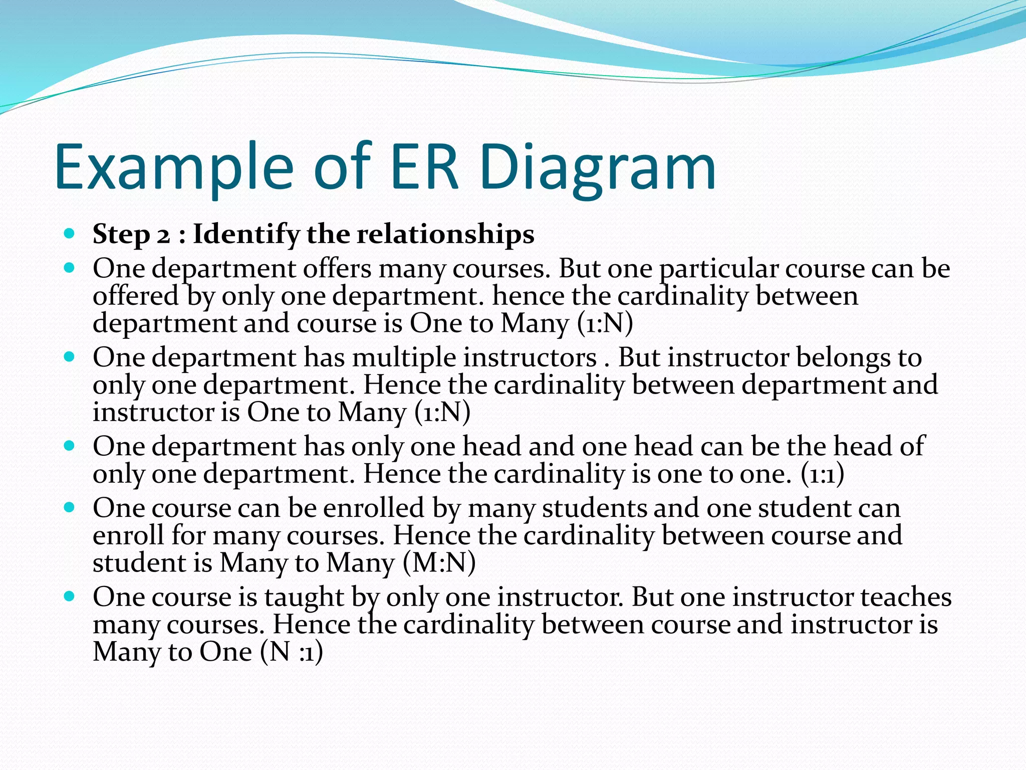Example of ER Diagram
 Step 2 : Identify the relationships
 One department offers many courses. But one particular course can be
offered by only one department. hence the cardinality between
department and course is One to Many (1:N)
 One department has multiple instructors . But instructor belongs to
only one department. Hence the cardinality between department and
instructor is One to Many (1:N)
 One department has only one head and one head can be the head of
only one department. Hence the cardinality is one to one. (1:1)
 One course can be enrolled by many students and one student can
enroll for many courses. Hence the cardinality between course and
student is Many to Many (M:N)
 One course is taught by only one instructor. But one instructor teaches
many courses. Hence the cardinality between course and instructor is
Many to One (N :1)
 