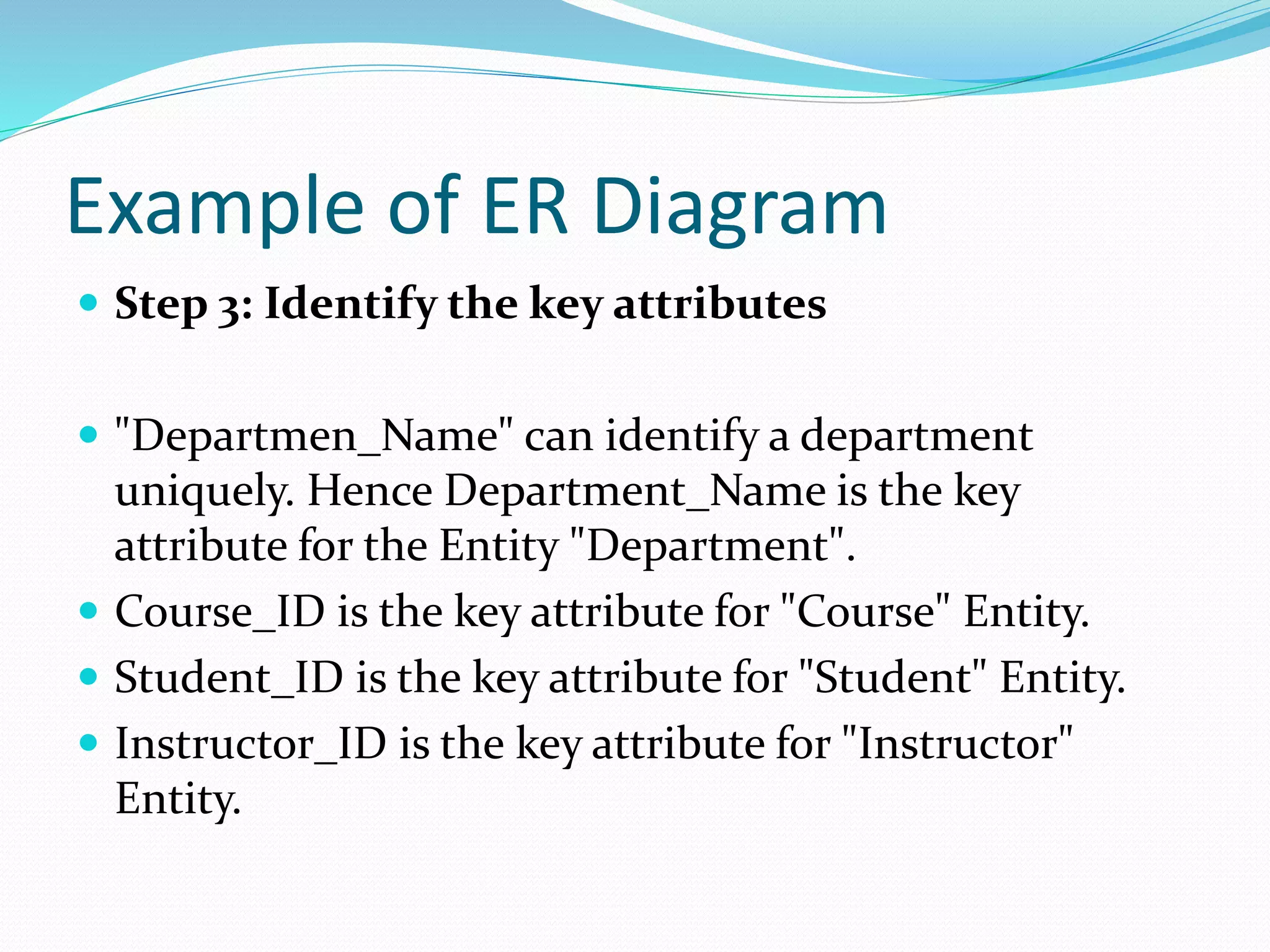 Example of ER Diagram
 Step 3: Identify the key attributes
 "Departmen_Name" can identify a department
uniquely. Hence Department_Name is the key
attribute for the Entity "Department".
 Course_ID is the key attribute for "Course" Entity.
 Student_ID is the key attribute for "Student" Entity.
 Instructor_ID is the key attribute for "Instructor"
Entity.
 