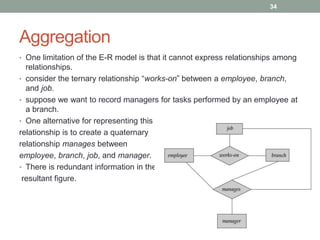 Aggregation
• One limitation of the E-R model is that it cannot express relationships among
relationships.
• consider the ternary relationship “works-on” between a employee, branch,
and job.
• suppose we want to record managers for tasks performed by an employee at
a branch.
• One alternative for representing this
relationship is to create a quaternary
relationship manages between
employee, branch, job, and manager.
• There is redundant information in the
resultant figure.
34
 