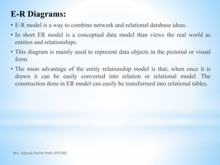 E-R Diagrams:
• E-R model is a way to combine network and relational database ideas.
• In short ER model is a conceptual data model than views the real world as
entities and relationships.
• This diagram is mainly used to represent data objects in the pictorial or visual
form.
• The main advantage of the entity relationship model is that, when once it is
drawn it can be easily converted into relation or relational model. The
construction done in ER model can easily be transformed into relational tables.
Mrs. Ujjwala Sachin Patil (SITCOE)
 
