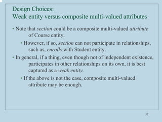 32
Design Choices:
Weak entity versus composite multi-valued attributes
• Note that section could be a composite multi-val...