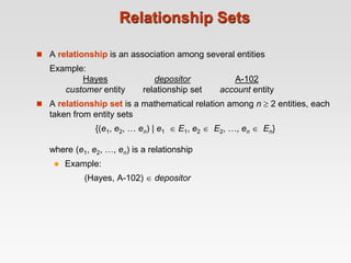 Relationship Sets
 A relationship is an association among several entities
Example:
Hayes depositor A-102
customer entity...