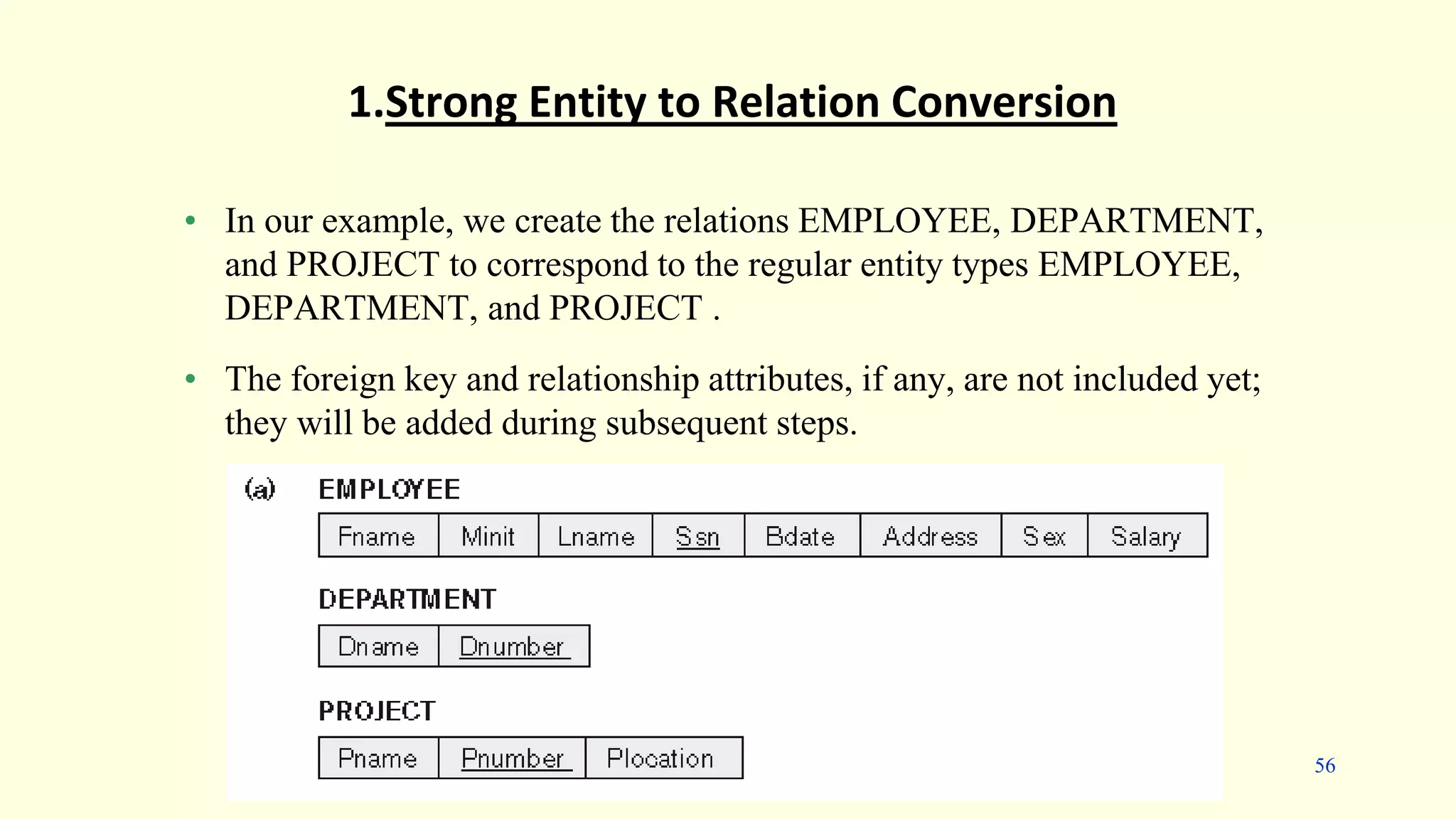 • In our example, we create the relations EMPLOYEE, DEPARTMENT,
and PROJECT to correspond to the regular entity types EMPLOYEE,
DEPARTMENT, and PROJECT .
• The foreign key and relationship attributes, if any, are not included yet;
they will be added during subsequent steps.
1.Strong Entity to Relation Conversion
56
 