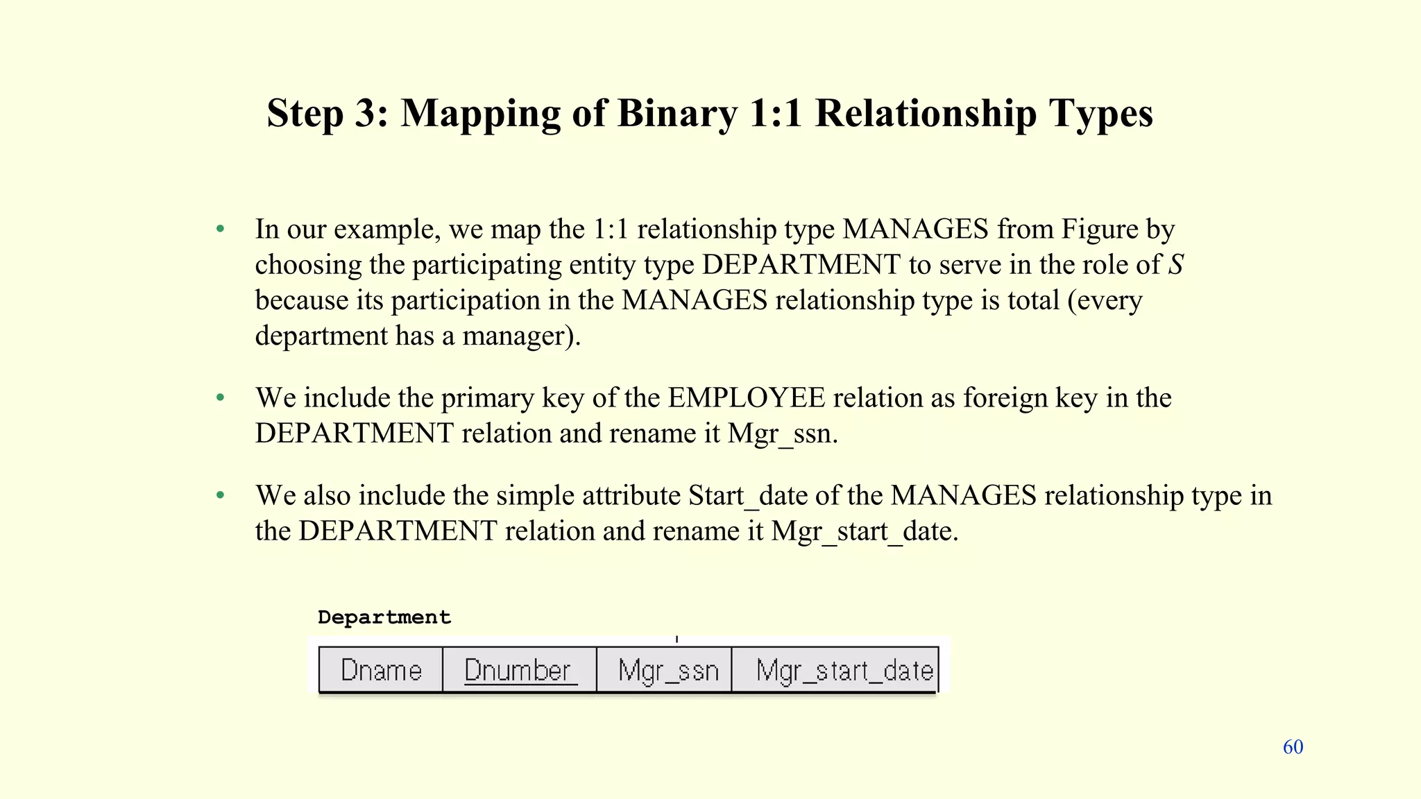 • In our example, we map the 1:1 relationship type MANAGES from Figure by
choosing the participating entity type DEPARTMENT to serve in the role of S
because its participation in the MANAGES relationship type is total (every
department has a manager).
• We include the primary key of the EMPLOYEE relation as foreign key in the
DEPARTMENT relation and rename it Mgr_ssn.
• We also include the simple attribute Start_date of the MANAGES relationship type in
the DEPARTMENT relation and rename it Mgr_start_date.
Step 3: Mapping of Binary 1:1 Relationship Types
Department
60
 