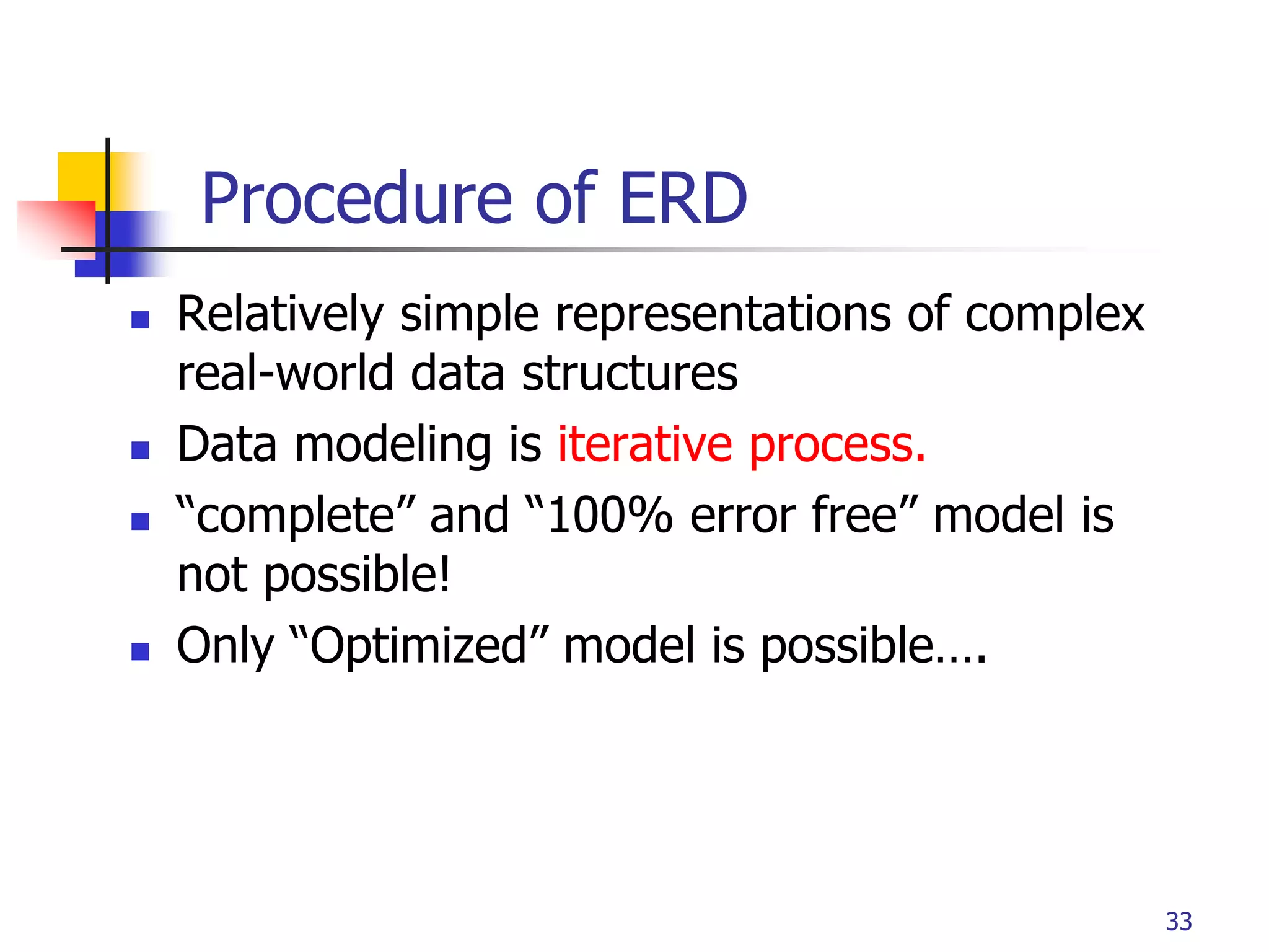 Part # 2
Procedure of ERD
 Relatively simple representations of complex
real-world data structures
 Data modeling is iterative process.
 “complete” and “100% error free” model is
not possible!
 Only “Optimized” model is possible….
33
 