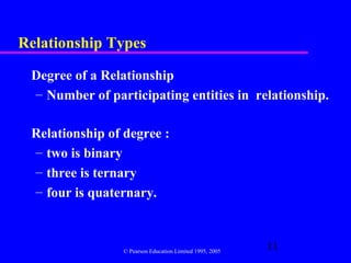 Relationship Types

 Degree of a Relationship
 – Number of participating entities in relationship.

 Relationship of degree :
 – two is binary
 – three is ternary
 – four is quaternary.



                © Pearson Education Limited 1995, 2005
                                                         11
 