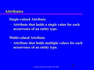 Attributes
  Single-valued Attribute
   – Attribute that holds a single value for each
     occurrence of an entity type.

  Multi-valued Attribute
  – Attribute that holds multiple values for each
    occurrence of an entity type.




                 © Pearson Education Limited 1995, 2005
                                                          20
 