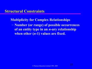 Structural Constraints

   Multiplicity for Complex Relationships
   – Number (or range) of possible occurrences
     of an entity type in an n-ary relationship
     when other (n-1) values are fixed.




                © Pearson Education Limited 1995, 2005
                                                         35
 