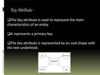 KeyAttribute-
The key attribute is used to represent the main
characteristics of an entity.
It represents a primary key.
The key attribute is represented by an oval shape with
the text underlined.
 