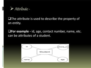  Attribute-
The attribute is used to describe the property of
an entity.
For example - id, age, contact number, name, etc.
can be attributes of a student.
 
