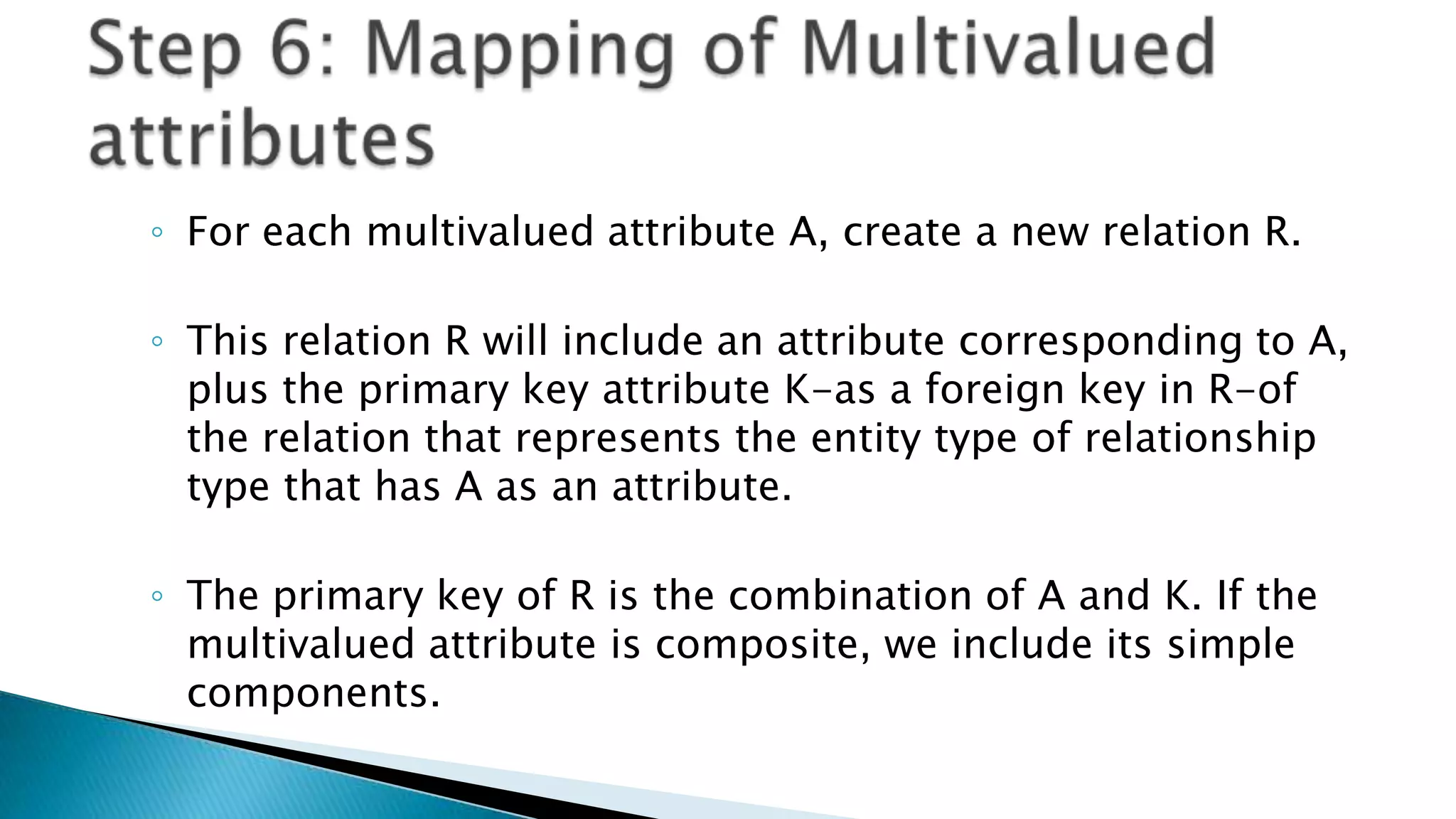 ◦ For each multivalued attribute A, create a new relation R.
◦ This relation R will include an attribute corresponding to A,
plus the primary key attribute K-as a foreign key in R-of
the relation that represents the entity type of relationship
type that has A as an attribute.
◦ The primary key of R is the combination of A and K. If the
multivalued attribute is composite, we include its simple
components.
 