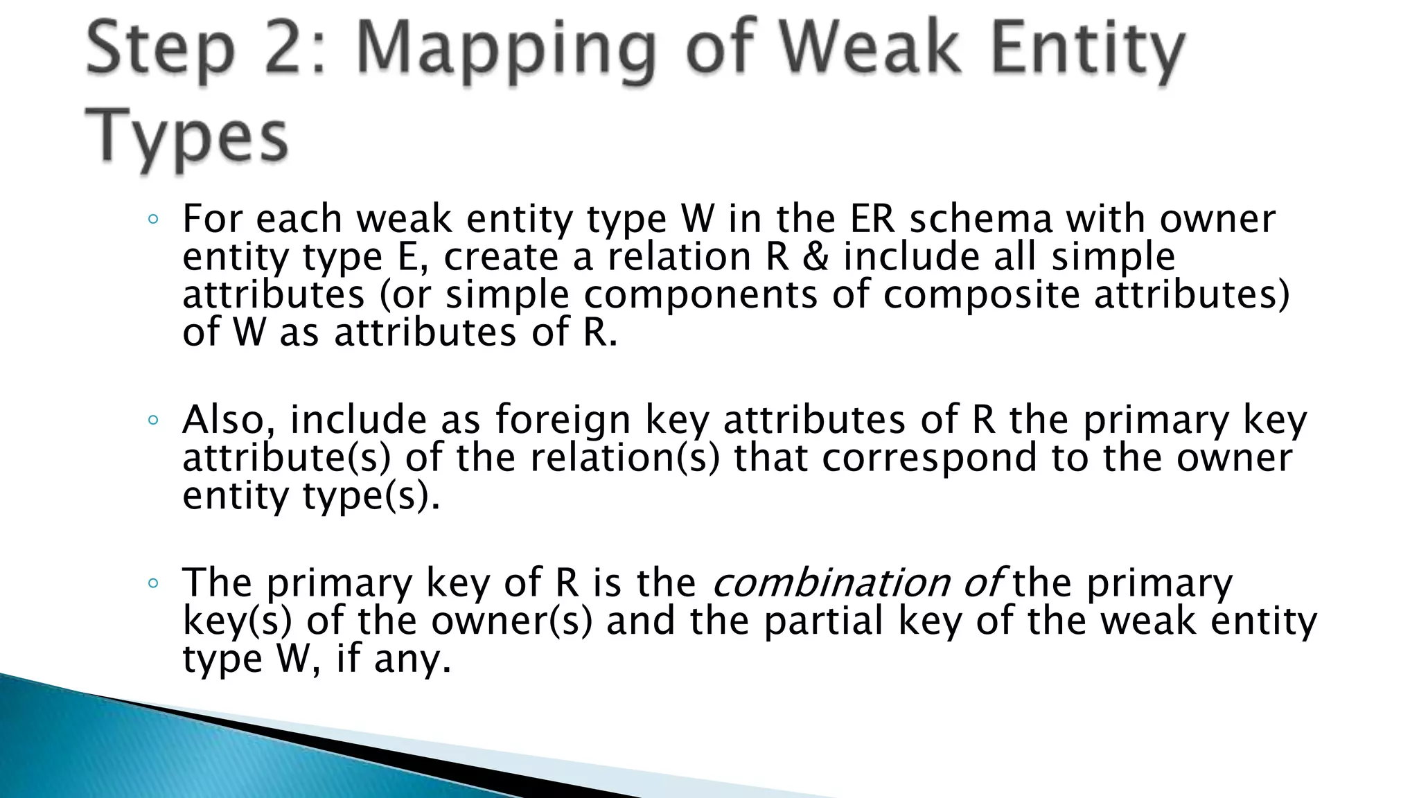 ◦ For each weak entity type W in the ER schema with owner
entity type E, create a relation R & include all simple
attributes (or simple components of composite attributes)
of W as attributes of R.
◦ Also, include as foreign key attributes of R the primary key
attribute(s) of the relation(s) that correspond to the owner
entity type(s).
◦ The primary key of R is the combination of the primary
key(s) of the owner(s) and the partial key of the weak entity
type W, if any.
 