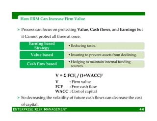 How ERM Can Increase Firm ValueHow ERM Can Increase Firm Value
Process can focus on protecting Value, Cash flows, and Earnings but
it Cannot protect all three at once.
•Reducing taxes.
Earning based
Strategy
•Insuring to prevent assets from declining.Value based
•Hedging to maintain internal funding
ENTERPRISE RISK MANAGEMENT 44
So decreasing the volatility of future cash flows can decrease the cost
of capital.
V = Σ FCFt / (1+WACC)t
V : Firm value
FCF : Free cash flow
WACC : Cost of capital
•Hedging to maintain internal funding
sources.
Cash flow based
 