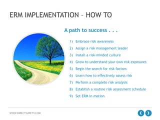 ERM IMPLEMENTATION – HOW TO
A path to success . . .
1) Embrace risk awareness
2) Assign a risk management leader
3) Install a risk-minded culture
4) Grow to understand your own risk exposures

5) Begin the search for risk factors
6) Learn how to effectively assess risk
7) Perform a complete risk analysis
8) Establish a routine risk assessment schedule

9) Set ERM in motion

WWW.DIRECTSURETY.COM

 