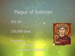 Plague of Justinian

542 AD

250,000 dead

Procopius
     “sun’s light
     without brightness”
 