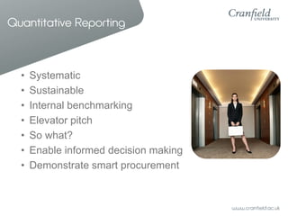 Quantitative Reporting



  •   Systematic
  •   Sustainable
  •   Internal benchmarking
  •   Elevator pitch
  •   So wha...