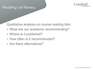 Reading List Review



  Qualitative analysis on course reading lists:
  • What are our academic recommending?
  • Where i...