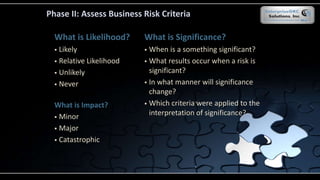 What is Significance?
 When is a something significant?
 What results occur when a risk is
significant?
 In what manner will significance
change?
 Which criteria were applied to the
interpretation of significance?
Phase II: Assess Business Risk Criteria
What is Likelihood?
 Likely
 Relative Likelihood
 Unlikely
 Never
What is Impact?
 Minor
 Major
 Catastrophic
 