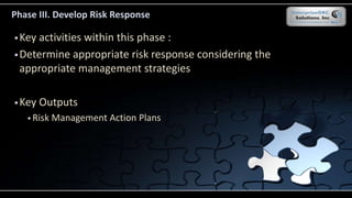 Phase III. Develop Risk Response
 Key activities within this phase :
 Determine appropriate risk response considering the
appropriate management strategies
 Key Outputs
 Risk Management Action Plans
 