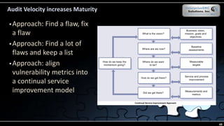 Audit Velocity increases Maturity
 Approach: Find a flaw, fix
a flaw
 Approach: Find a lot of
flaws and keep a list
 Approach: align
vulnerability metrics into
a continual service
improvement model
48
 