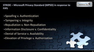 STRIDE – Microsoft Privacy Standard (MPSD) in response to
FIPS
 Spoofing v. Authentication
 Tampering v. Integrity
 Repudiation v. Non-Repudiation
 Information Disclosure v. Confidentiality
 Denial of Service v. Availability
 Elevation of Privilege v. Authorization
73
 