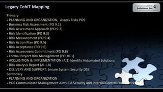 Legacy CobiT Mapping
Primary
 PLANNING AND ORGANIZATION, Assess Risks PO9
 Business Risk Assessment (PO 9.1)
 Risk Assessment Approach (PO 9.2)
 Risk Identification (PO 9.3)
 Risk Measurement (PO 9.4)
 Risk Action Plan (PO 9.5)
 Risk Acceptance (PO 9.6)
 Risk Assessment Commitment (PO 9.8)
 Formal Project Risk Management (PO 10.1)
 ACQUISITION & IMPLEMENTATION (AI1) Identify Automated Solutions
 Risk Analysis Report (AI 1.8)
 DELIVERY AND SUPPORT, Ensure System Security DS5
Secondary
 PLANNING AND ORGANIZATION
 PO6 Communicate Management Aims 6.8 Security and Internal Control Framework Policy
 