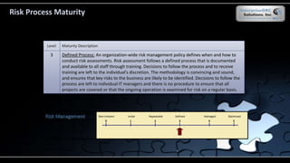Risk Process Maturity
Level Maturity Description
3 Defined Process: An organization-wide risk management policy defines when and how to
conduct risk assessments. Risk assessment follows a defined process that is documented
and available to all staff through training. Decisions to follow the process and to receive
training are left to the individual’s discretion. The methodology is convincing and sound,
and ensures that key risks to the business are likely to be identified. Decisions to follow the
process are left to individual IT managers and there is no procedure to ensure that all
projects are covered or that the ongoing operation is examined for risk on a regular basis.
Risk Management
10 2 543
Non-Existent Initial Repeatable Defined Managed Optimized
 