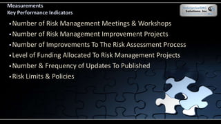 Measurements
Key Performance Indicators
 Number of Risk Management Meetings & Workshops
 Number of Risk Management Improvement Projects
 Number of Improvements To The Risk Assessment Process
 Level of Funding Allocated To Risk Management Projects
 Number & Frequency of Updates To Published
 Risk Limits & Policies
 