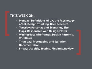 [
]
• Monday: Deﬁnitions of UX, the Psychology
of UX, Design Thinking, User Research
• Tuesday: Personas and Scenarios, Site
Maps, Responsive Web Design, Flows
• Wednesday: Wireframes, Design Patterns,
Wireﬂows
• Thursday: Prototyping and Iteration,
Documentation
• Friday: Usability Testing, Findings, Review
THIS WEEK ON…
 