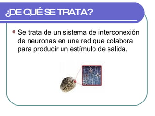 ¿DE QUÉ SE TRATA? Se trata de un sistema de interconexión de neuronas en una red que colabora para producir un estímulo de salida.  