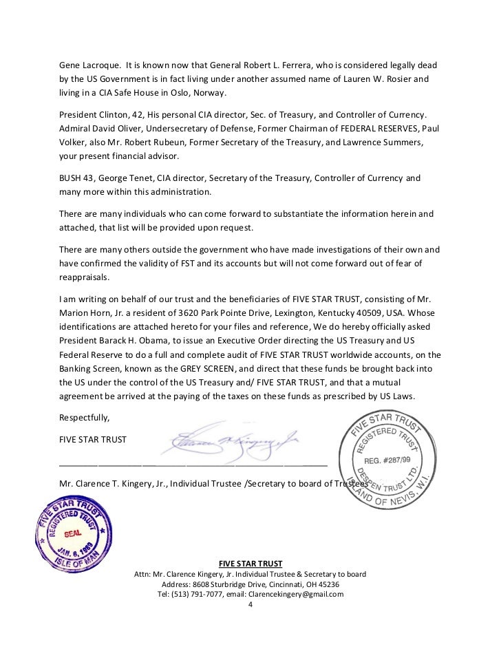 Five Star Trust Letter to President Obama Five Star Trust Letter to President Obama